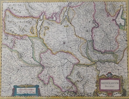 Enrico Hondius, hand coloured map of Milan, Mediolanum Ducatus, details verso, 40 x 53cm